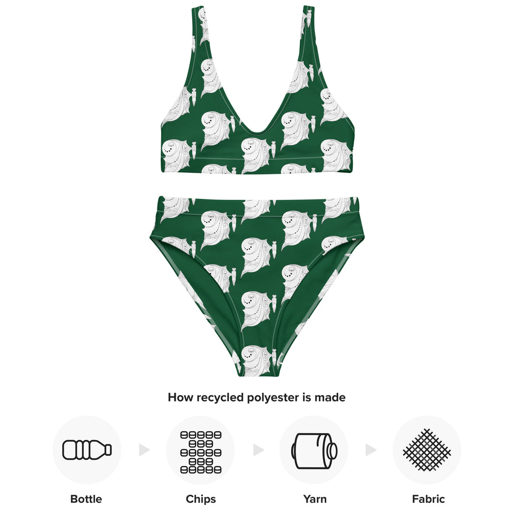 Detailed view of the fabric and playful ghost pattern on the two-piece swimsuit.