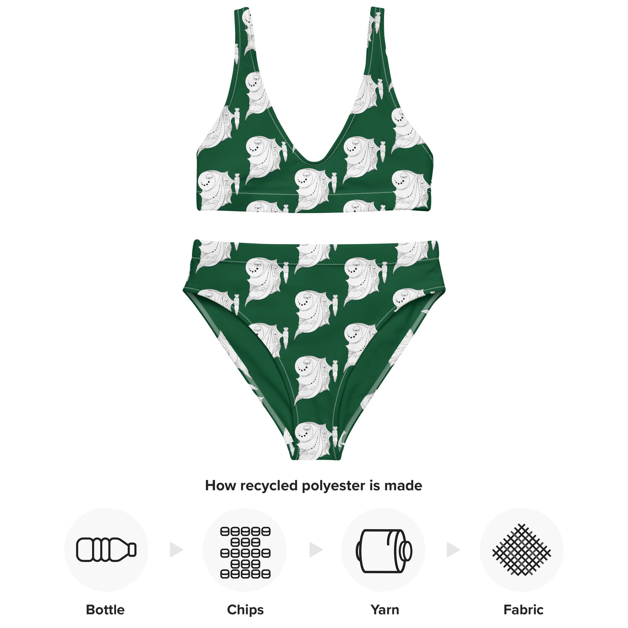 Detailed view of the fabric and playful ghost pattern on the two-piece swimsuit.