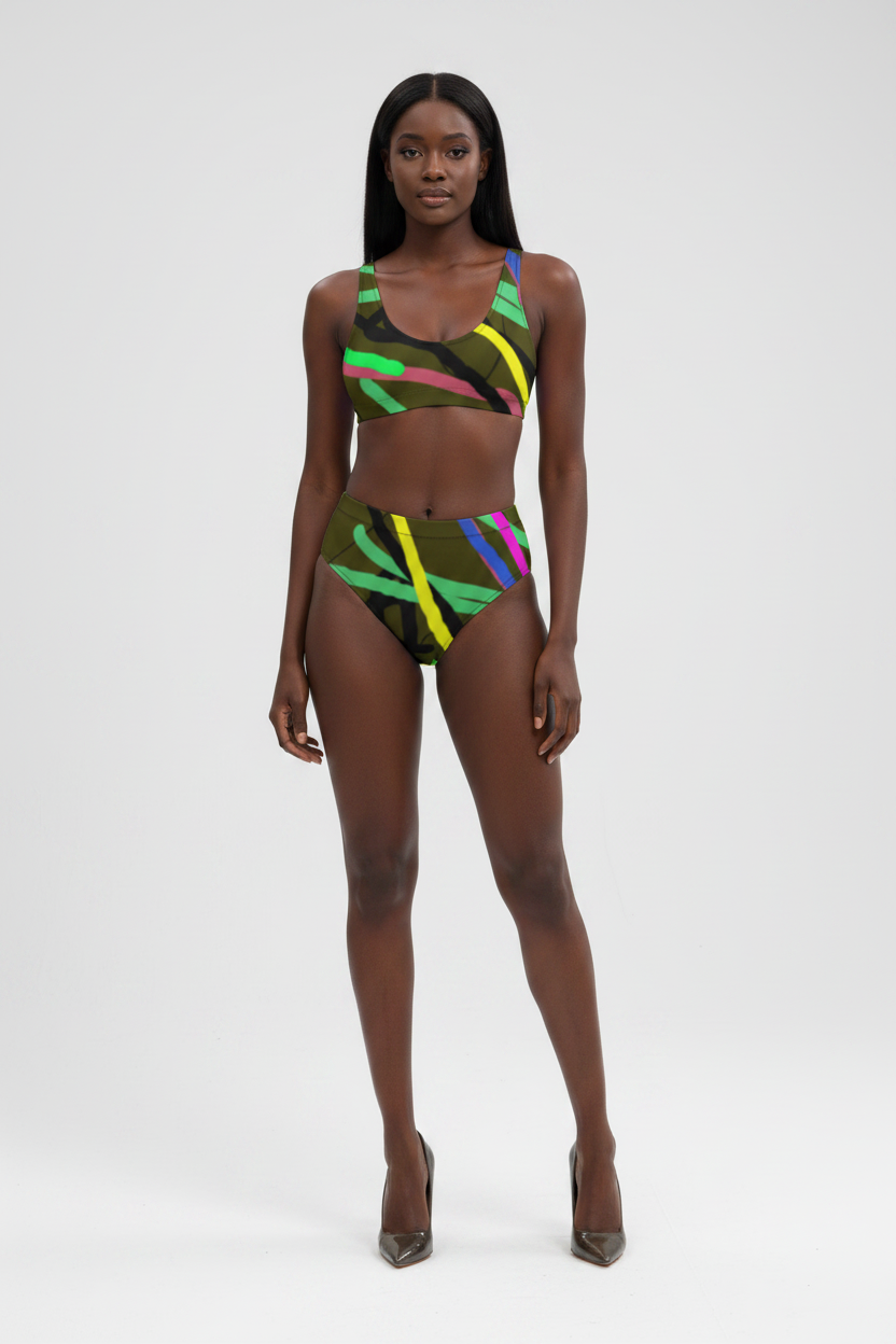 Model wearing a colorful bikini set on a white background