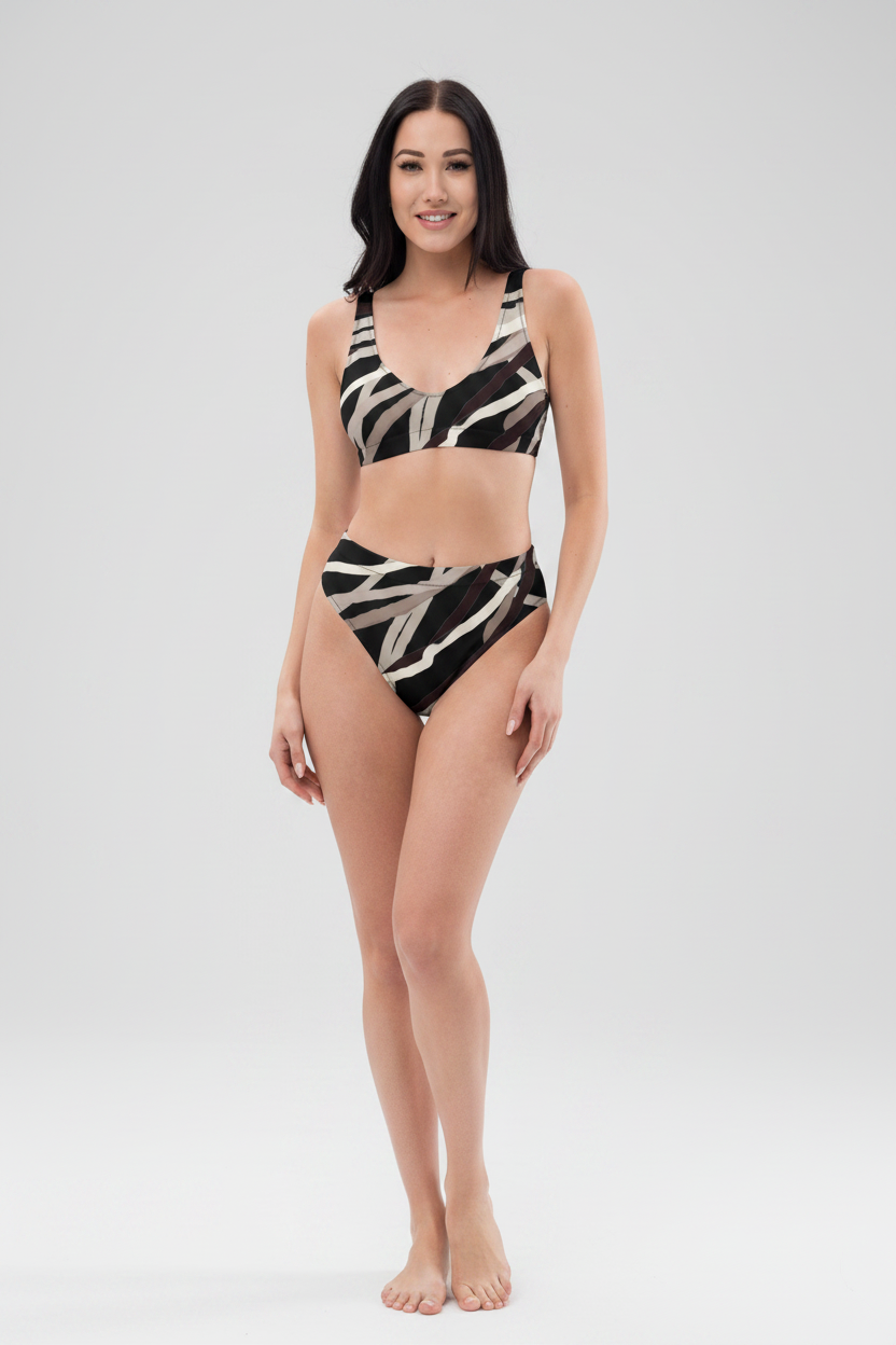 Woman wearing a zebra print bikini on a white background