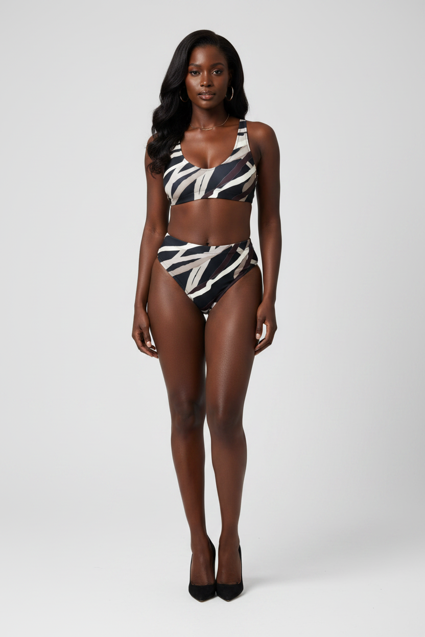 Woman wearing a black and white patterned bikini on a white background