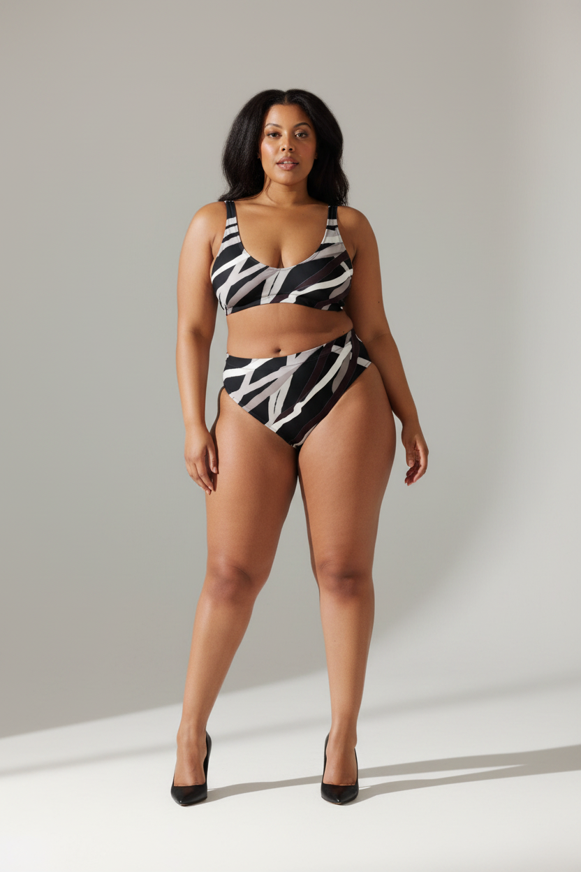 Woman wearing a zebra print swimsuit against a plain background