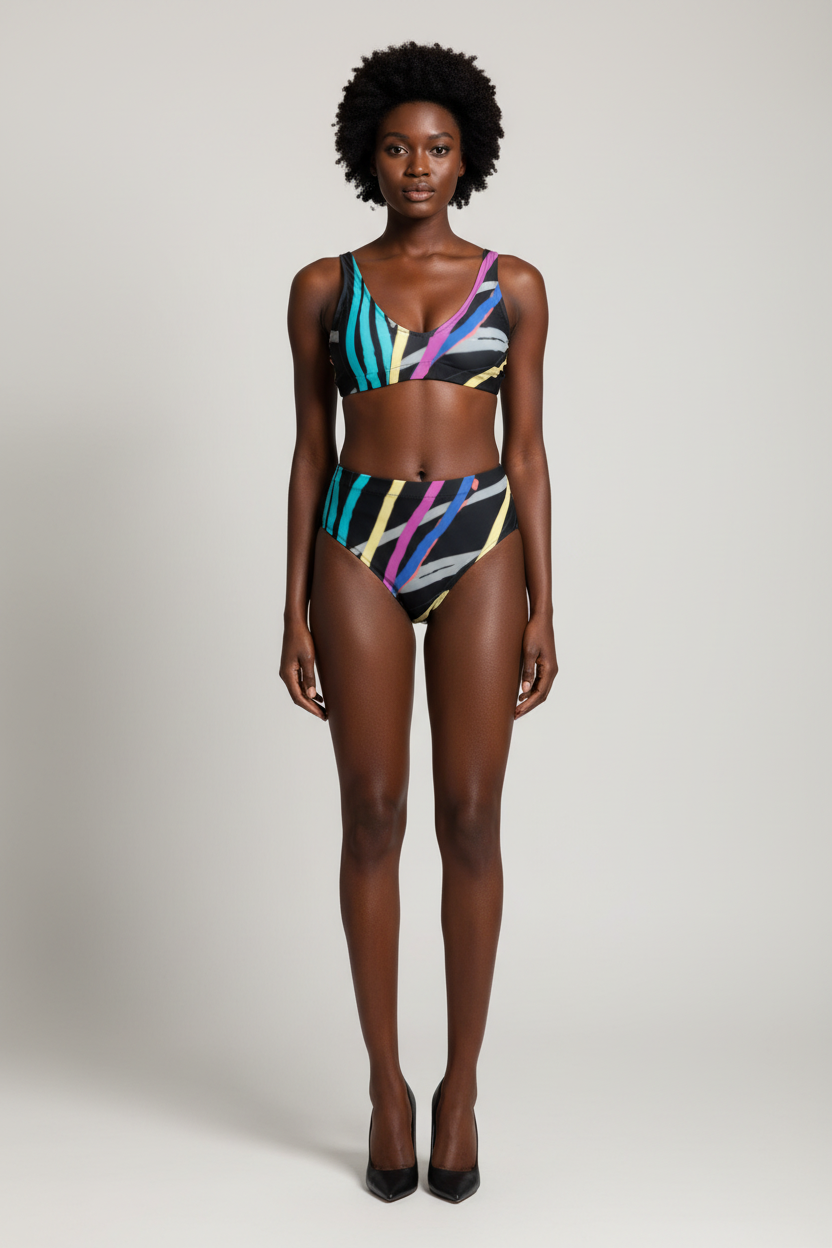 Model wearing a colorful bikini set against a plain background