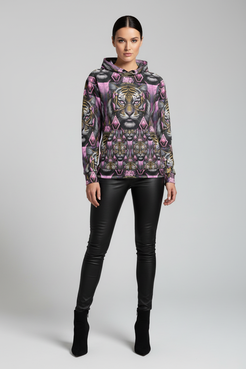 Woman wearing a patterned hoodie with a tiger design on a gray background