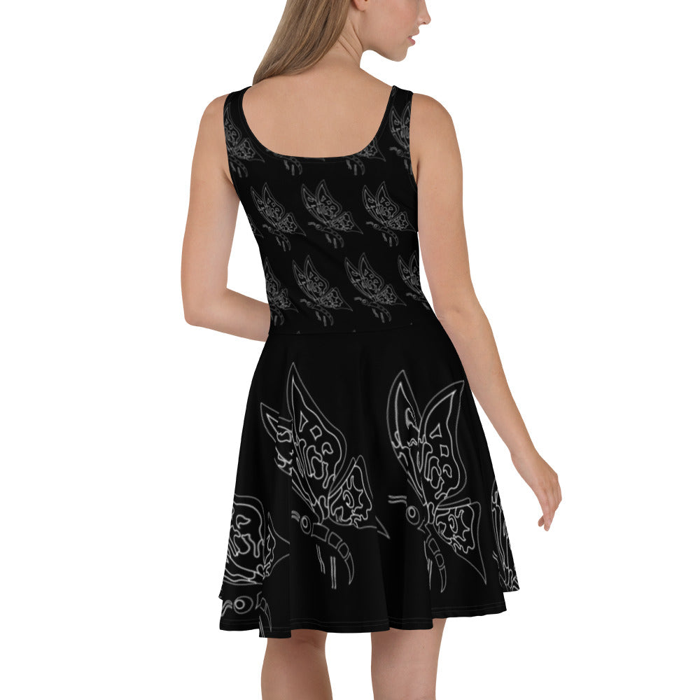 Mini Party Black Dress, Stylish Butterfly Print Skater Dress, Elegant Butterfly Print Dress
