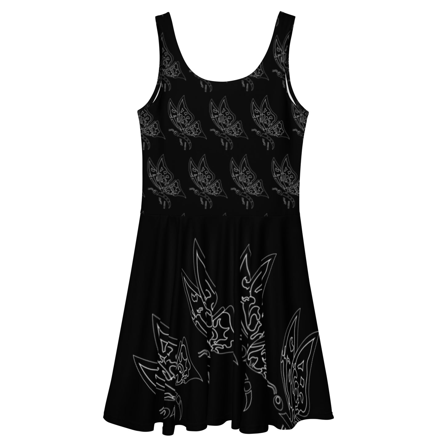 Mini Party Black Dress, Stylish Butterfly Print Skater Dress, Elegant Butterfly Print Dress