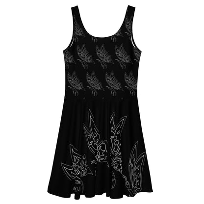 Mini Party Black Dress, Stylish Butterfly Print Skater Dress, Elegant Butterfly Print Dress