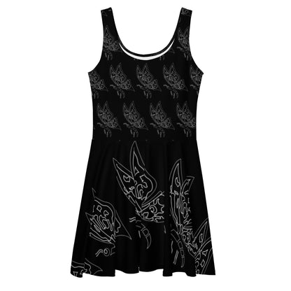 Mini Party Black Dress, Stylish Butterfly Print Skater Dress, Elegant Butterfly Print Dress