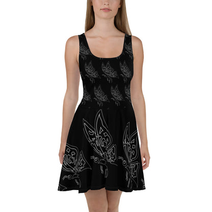 Mini Party Black Dress, Stylish Butterfly Print Skater Dress, Elegant Butterfly Print Dress