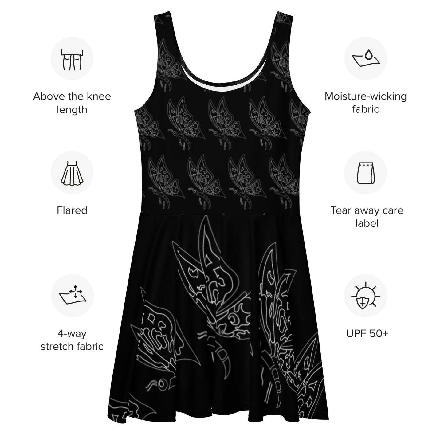 Mini Party Black Dress, Stylish Butterfly Print Skater Dress, Elegant Butterfly Print Dress