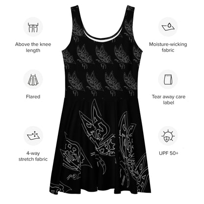 Mini Party Black Dress, Stylish Butterfly Print Skater Dress, Elegant Butterfly Print Dress
