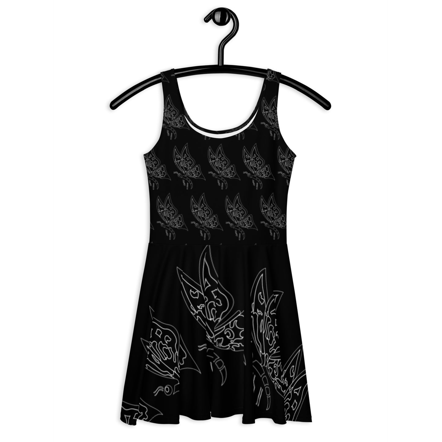Mini Party Black Dress, Stylish Butterfly Print Skater Dress, Elegant Butterfly Print Dress