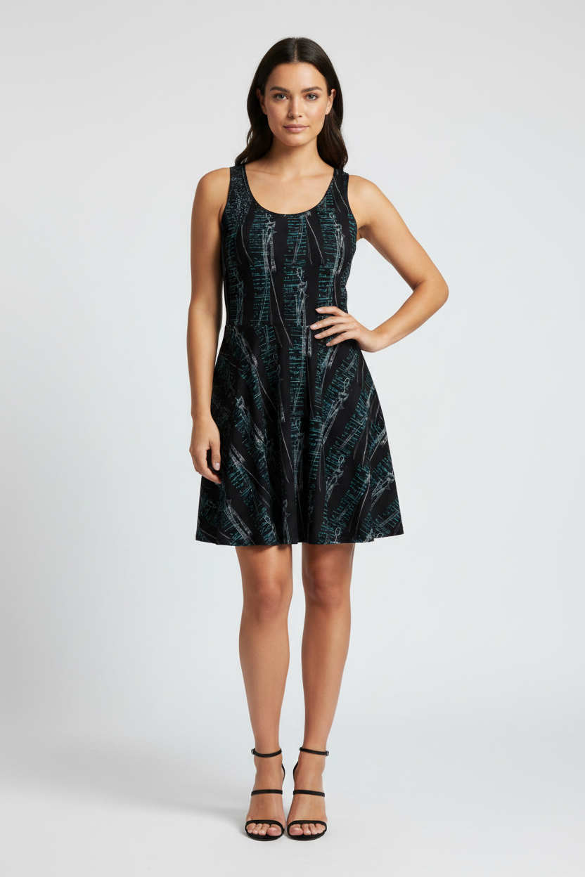 Woman wearing a black patterned dress on a white background