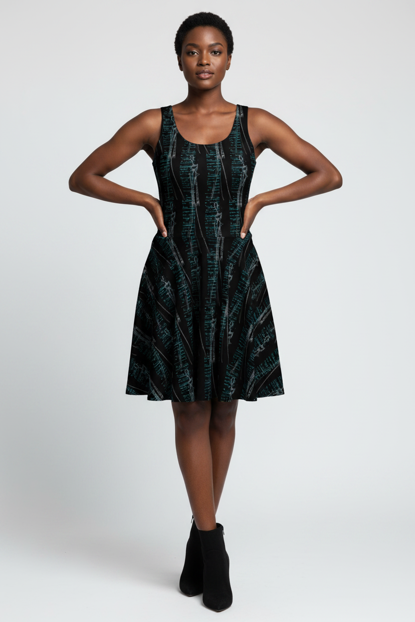 Woman wearing a black patterned dress on a white background