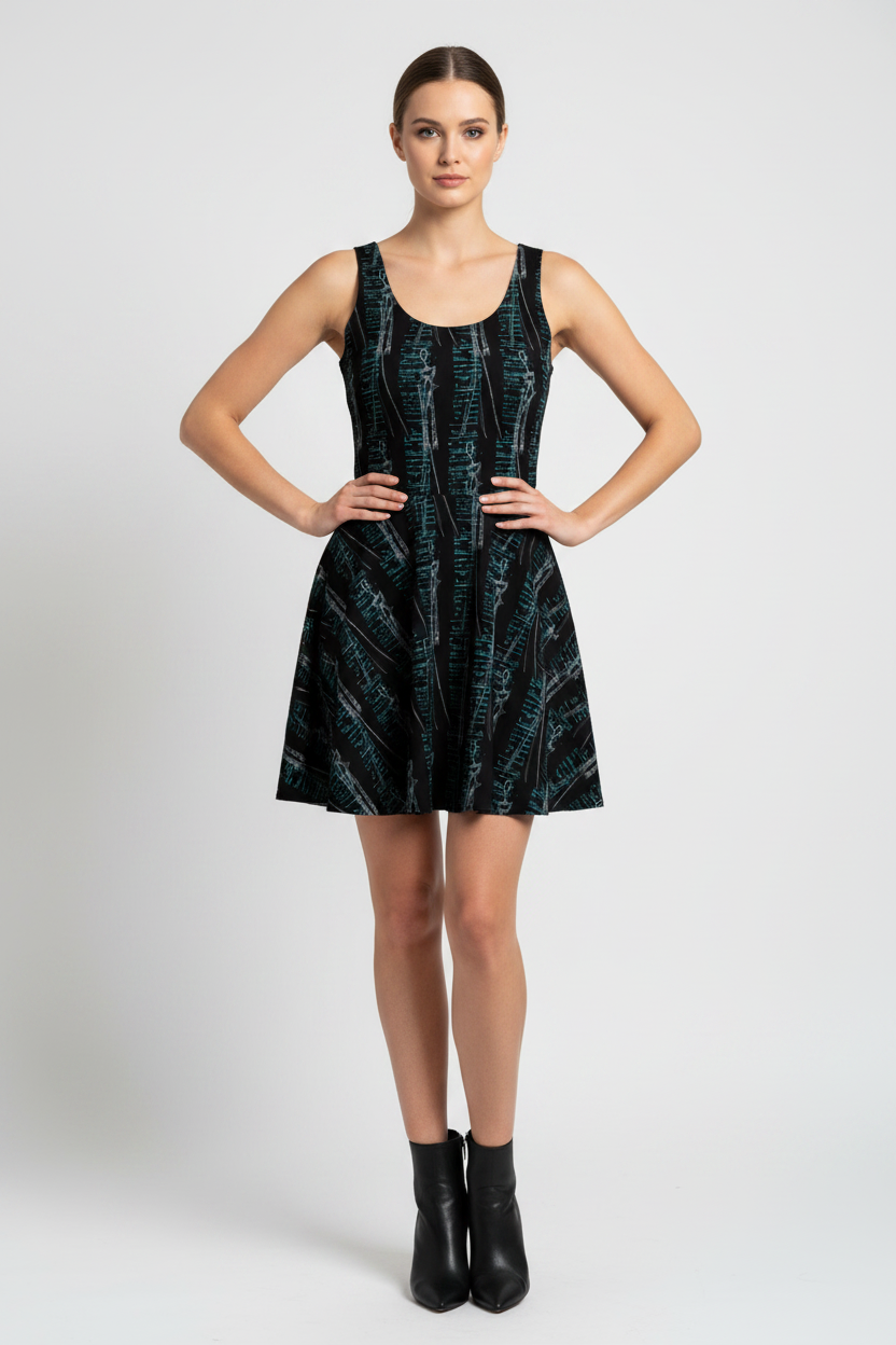 Woman wearing a black patterned dress on a white background