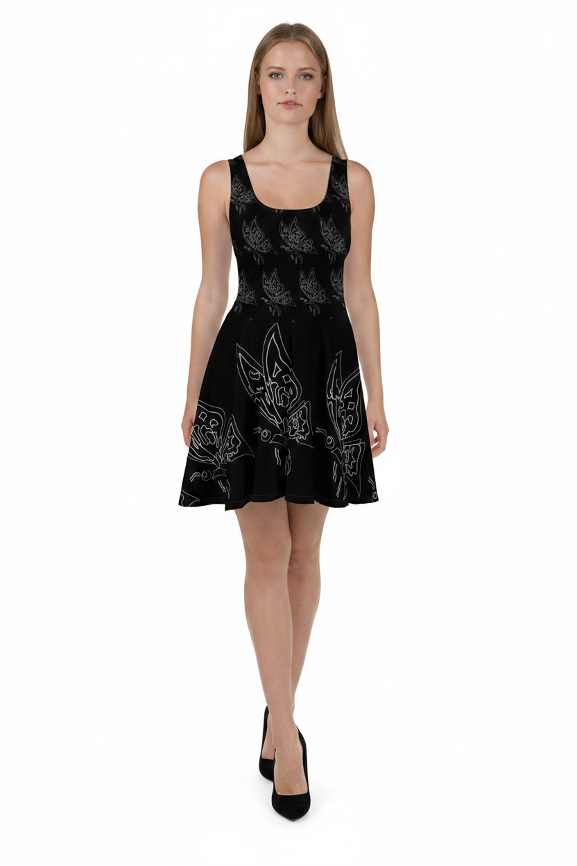 Woman wearing a black dress with white cat designs on a white background
