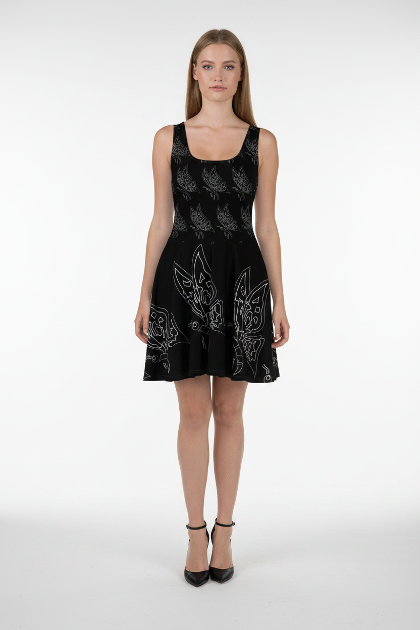 Woman wearing a black dress with white floral patterns on a white background
