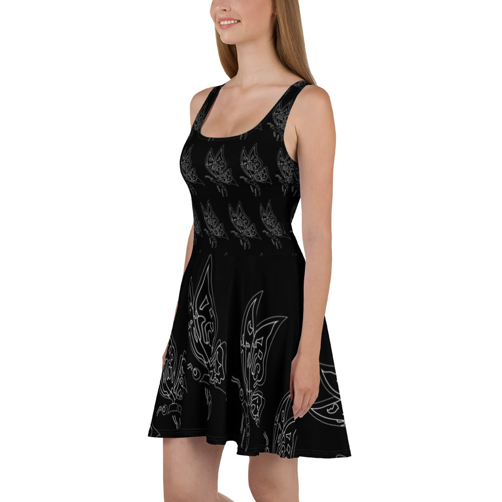Mini Party Black Dress, Stylish Butterfly Print Skater Dress, Elegant Butterfly Print Dress