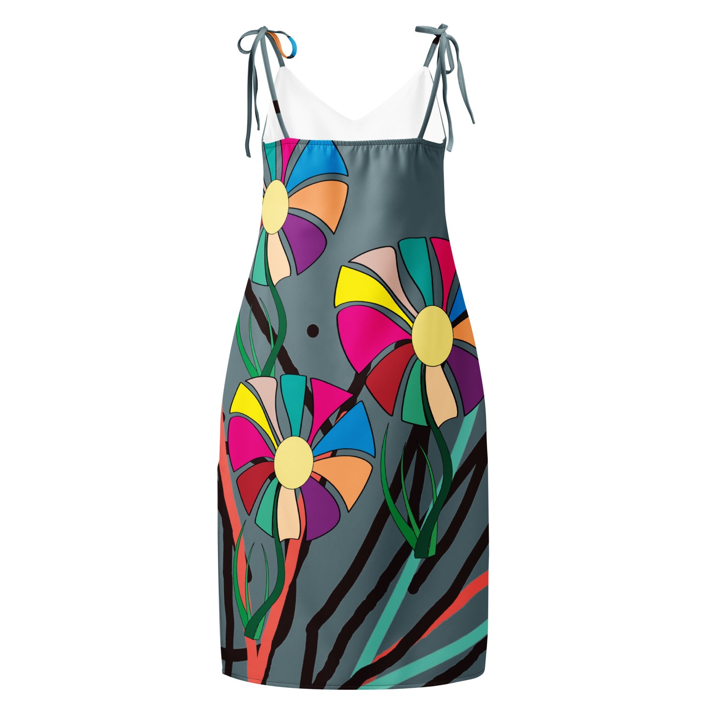 A shot from a slightly elevated angle, giving a full perspective of the dress's design. 