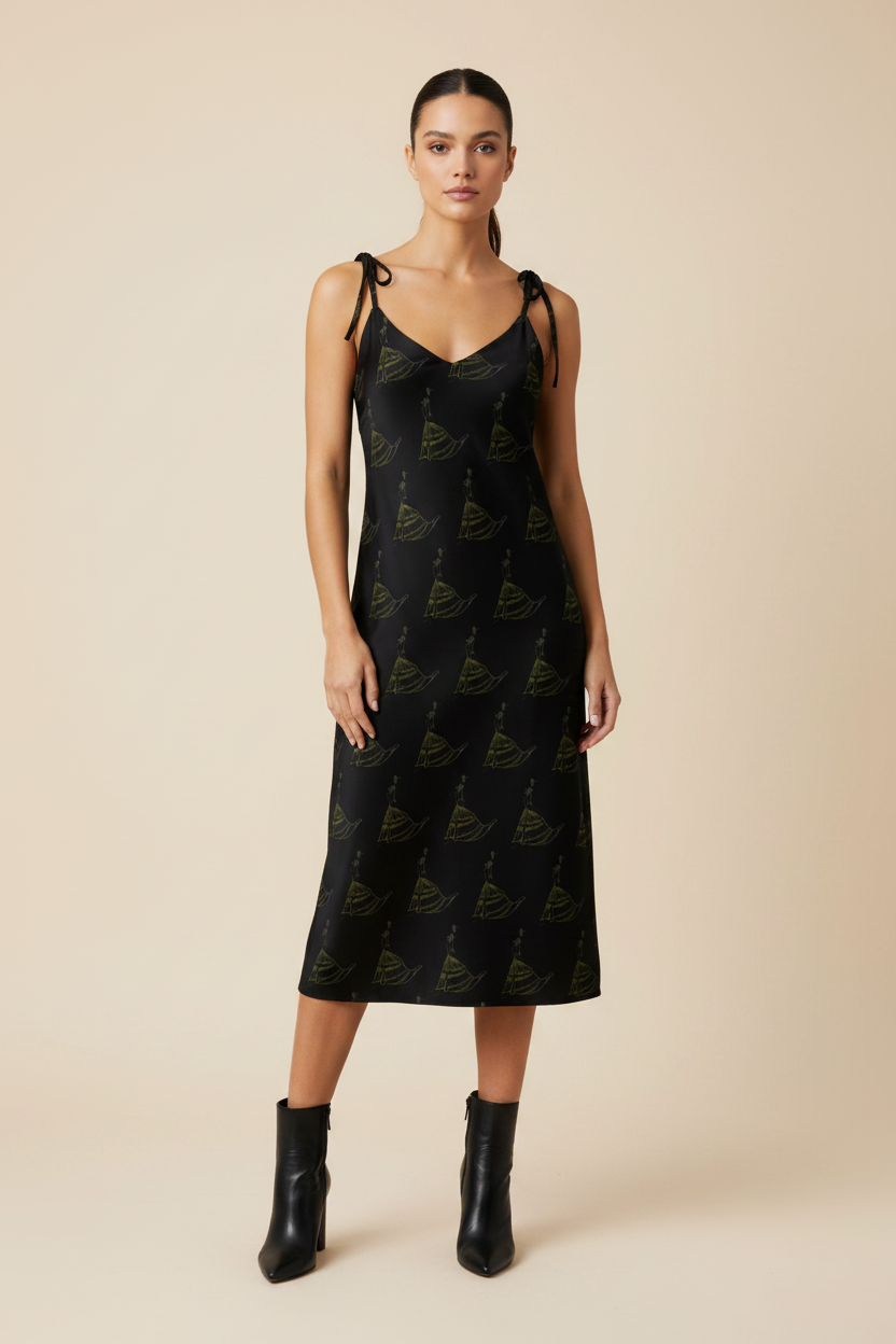 Woman wearing a black slip dress with a pattern on a beige background