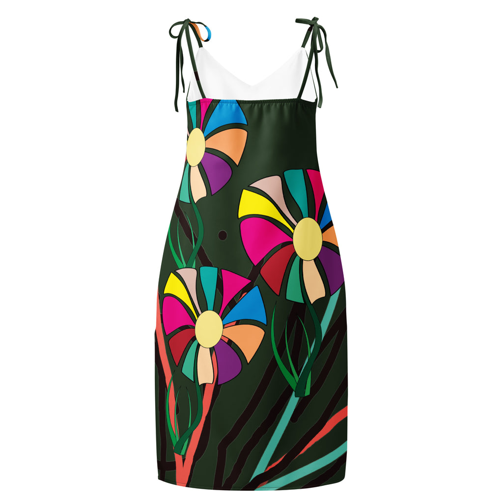 Full-length front view of the APPARELHUE all-over print slip dress with a V-neckline and tie straps.