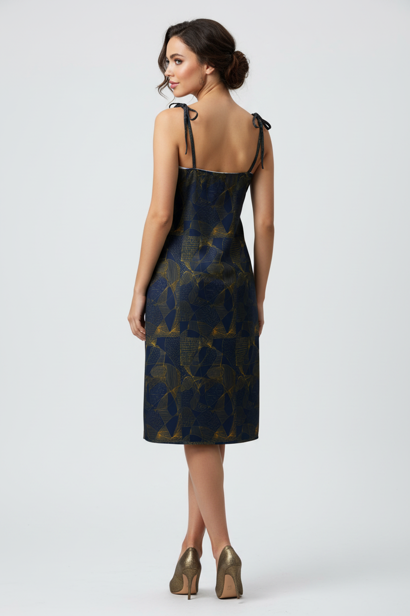 A woman modeling a sleeveless knee-length dress from the back, featuring a dark navy blue and gold abstract patterned fabric, thin shoulder ties, and metallic gold heels against a light gray studio background.