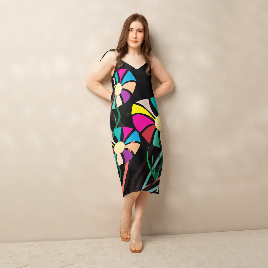 Front view of a woman modeling a v-neck, sleeveless midi dress in dark green with large, multi-colored flower prints.