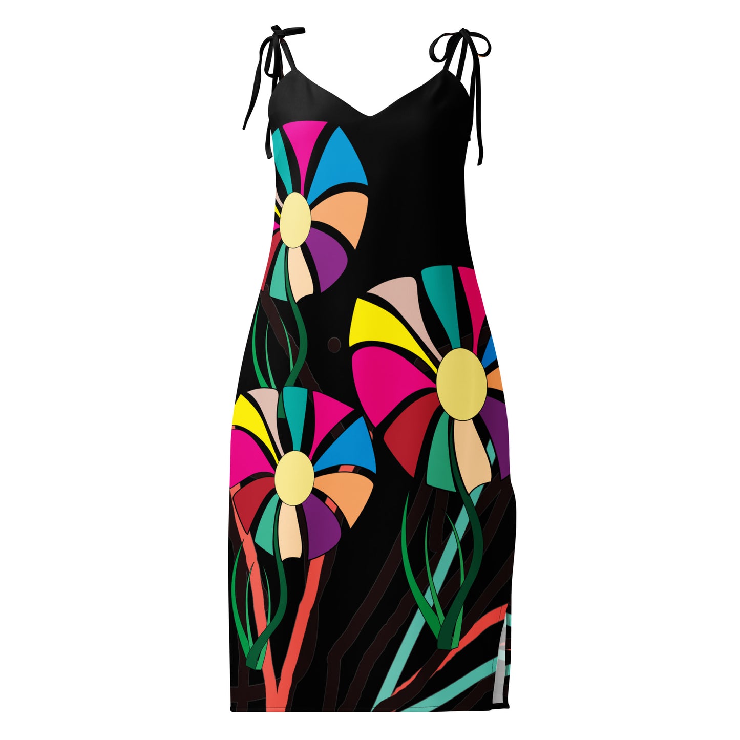 A shot of the dress laid flat, showcasing the entire pattern and shape.