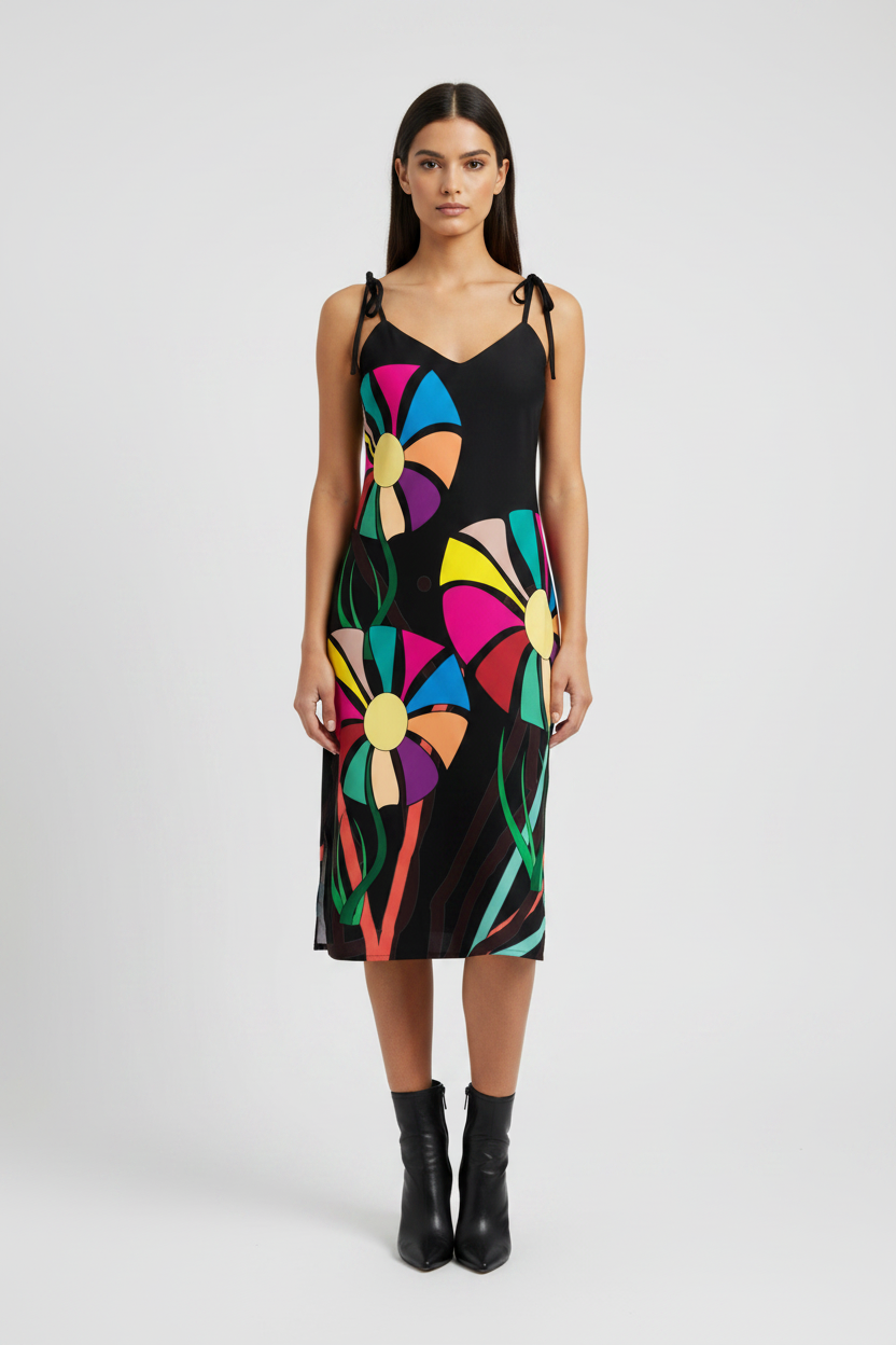 Woman wearing a black dress with colorful floral patterns on a white background