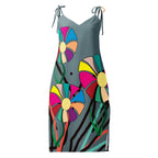 Shot focusing on the bottom of the dress, highlighting the high side slit and the hemline.