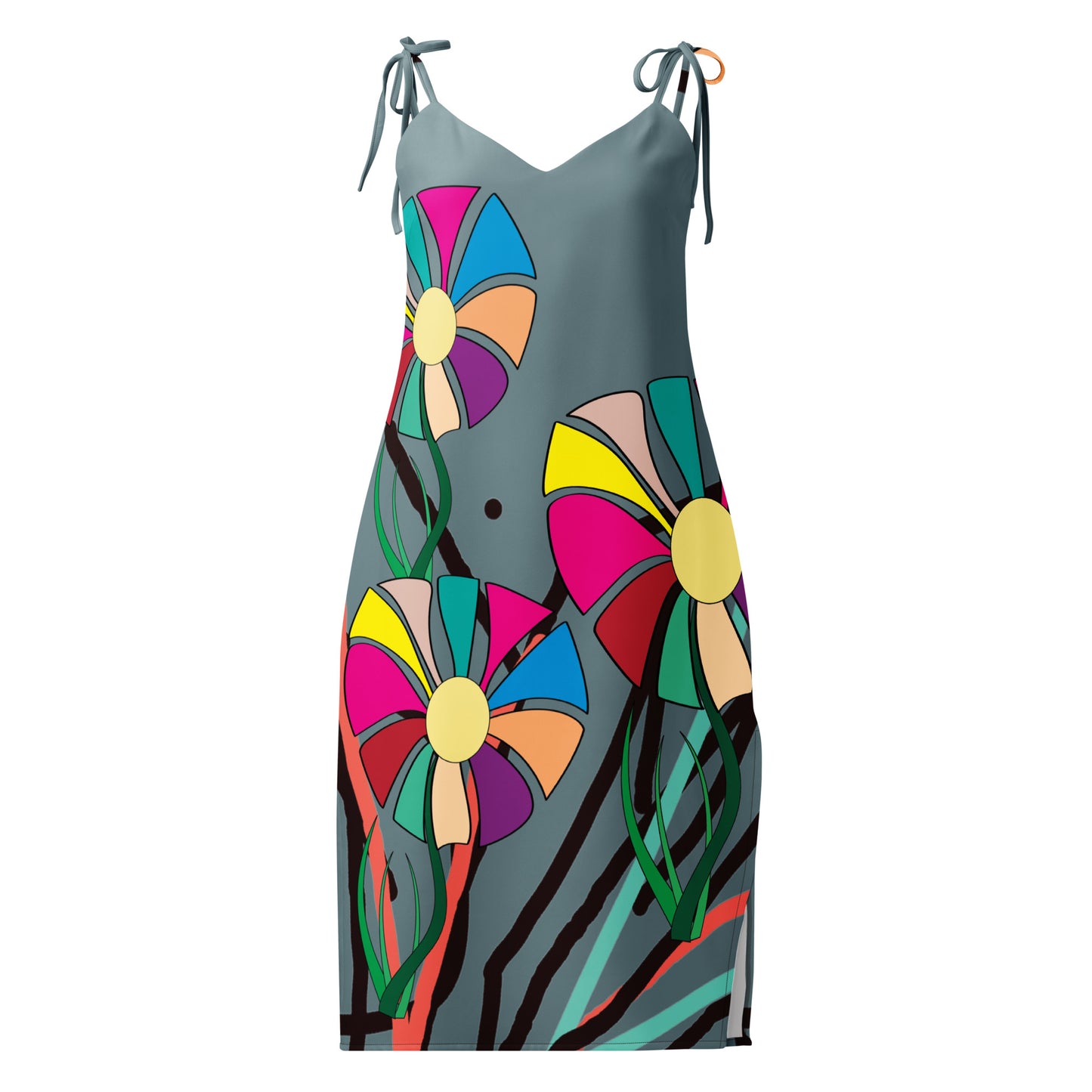 Shot focusing on the bottom of the dress, highlighting the high side slit and the hemline.