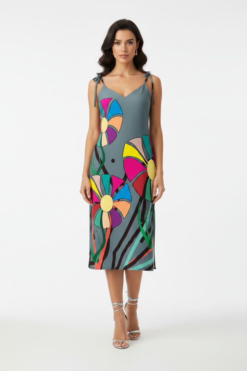 Woman wearing a colorful dress with abstract patterns on a white background