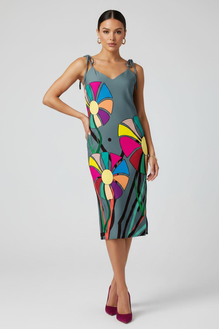 A woman models a sleeveless midi dress with a gray base and a colorful abstract floral pattern, paired with dark magenta heels, against a light gray studio background.