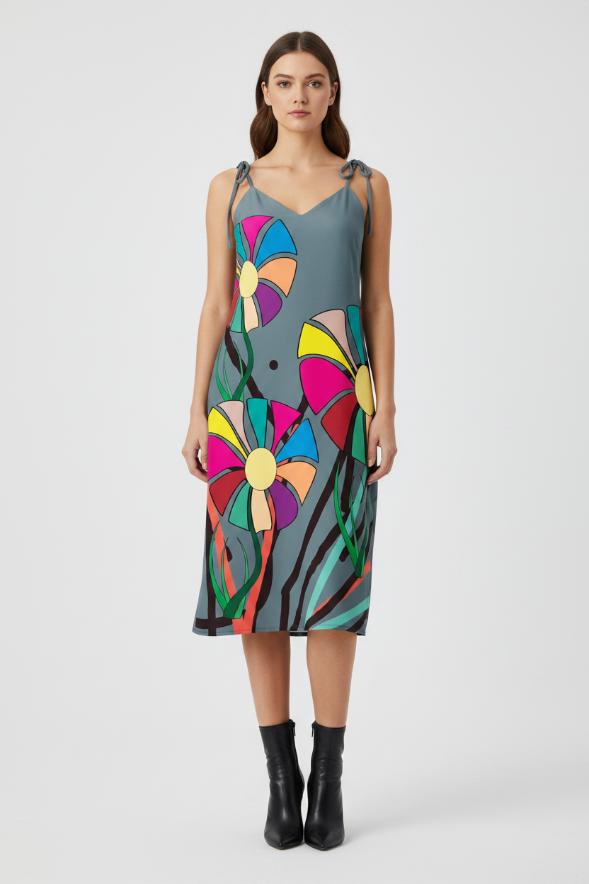 Woman wearing a colorful floral dress on a white background