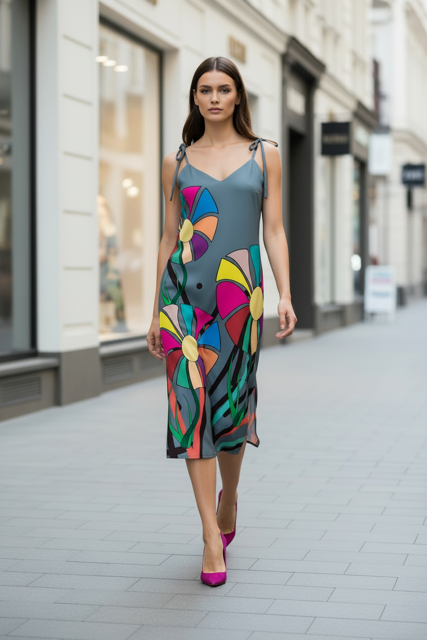 A woman walks down a city street wearing a sleeveless midi dress with thin straps and a colorful abstract floral print on a muted blue-gray background, paired with bright pink heels.