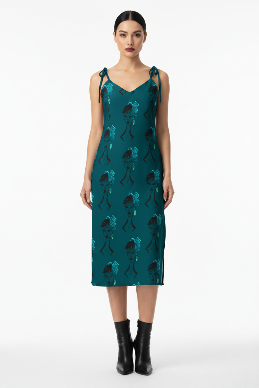 Woman wearing a teal dress with black patterns on a white background