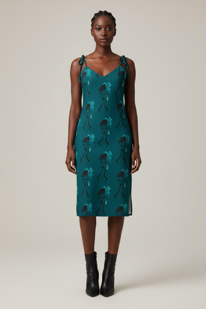 Woman wearing a teal dress with a pattern on a white background