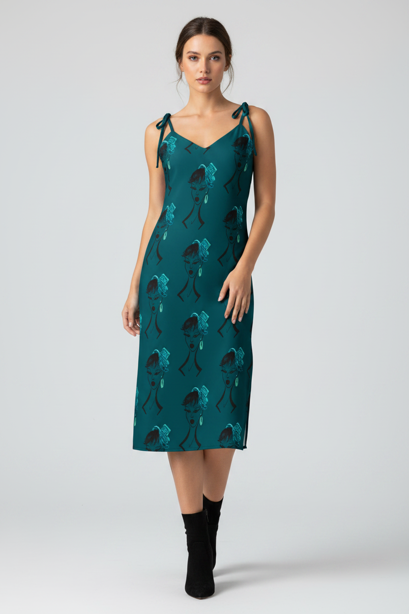 Woman wearing a teal dress with floral pattern on a white background