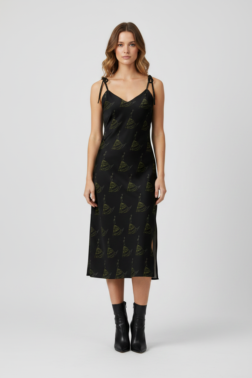 Woman wearing a black slip dress with a subtle pattern on a white background