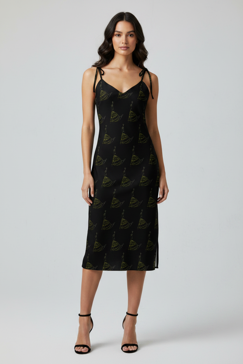 Woman wearing a black dress with a pattern on a white background