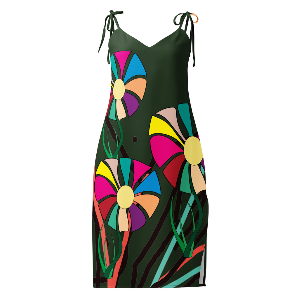Stylish, vibrant floral print slip dress with adjustable shoulder ties, featured in the APPARELHUE collection.