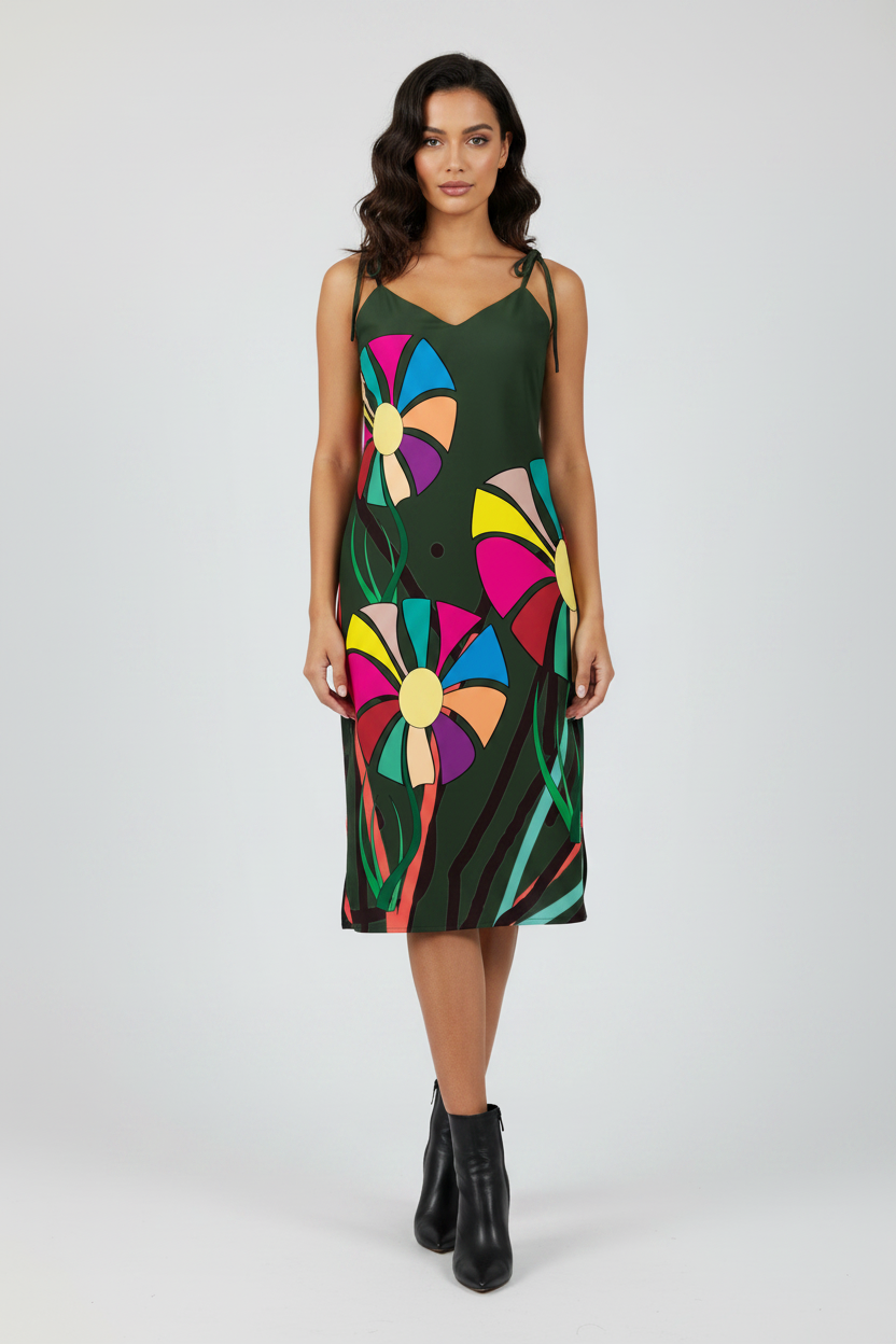 Front view of APPARELHUE all-over print slip dress with tie-up shoulder straps and large vibrant flower designs.