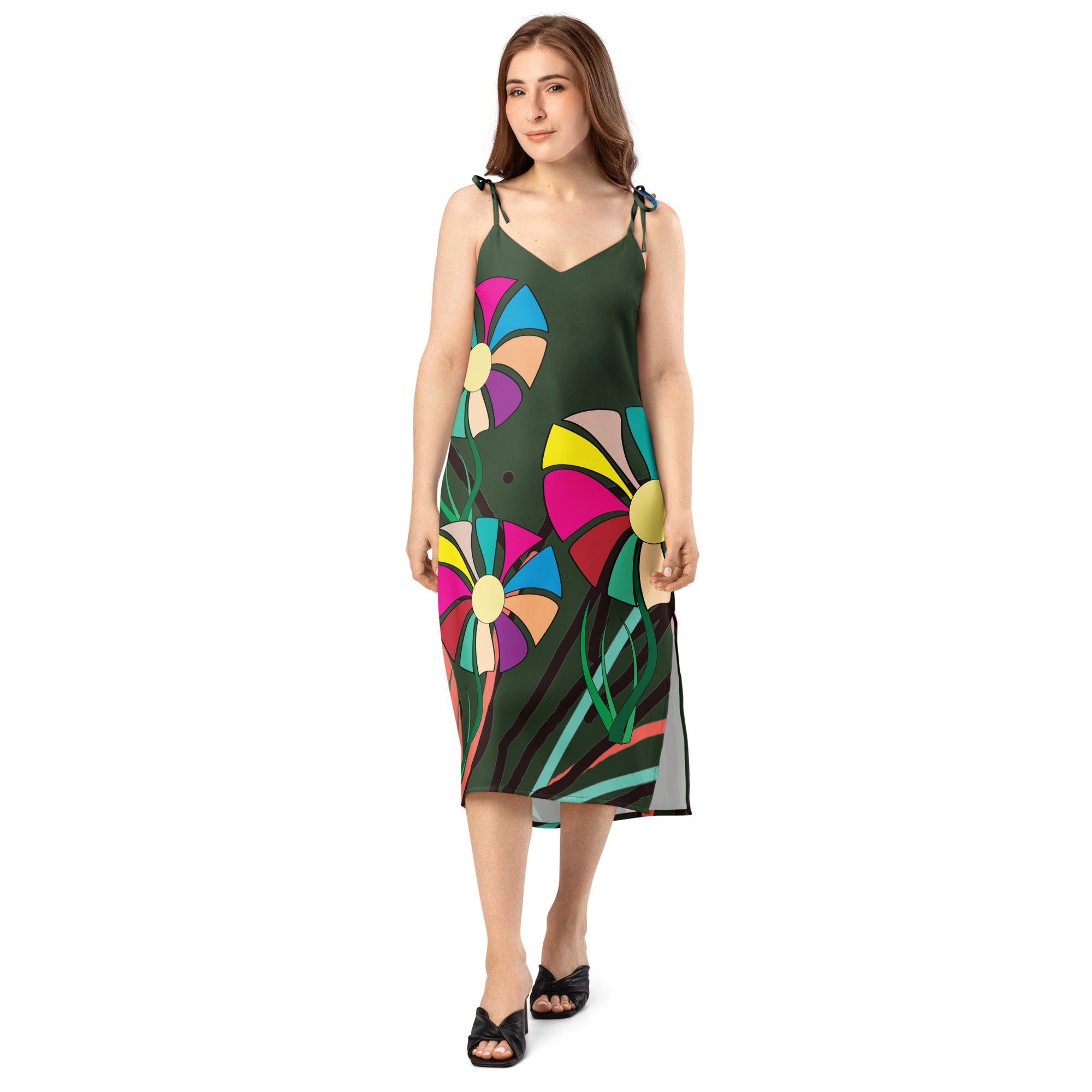 APPARELHUE wearable art fashion: dark green midi slip dress with bright pink, yellow, and blue graphic floral art.