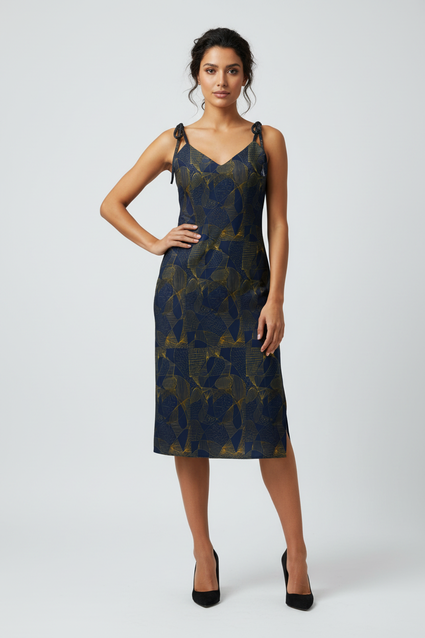 A woman modeling a sleeveless V-neck midi dress with a geometric pattern in navy blue and gold, paired with black high heels, against a light gray studio background.