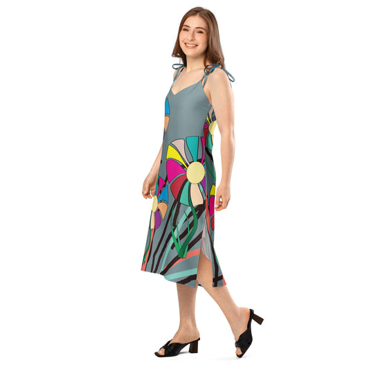 Side view of the dress, highlighting the graceful walk and the flow of the dress, showing the side slit.