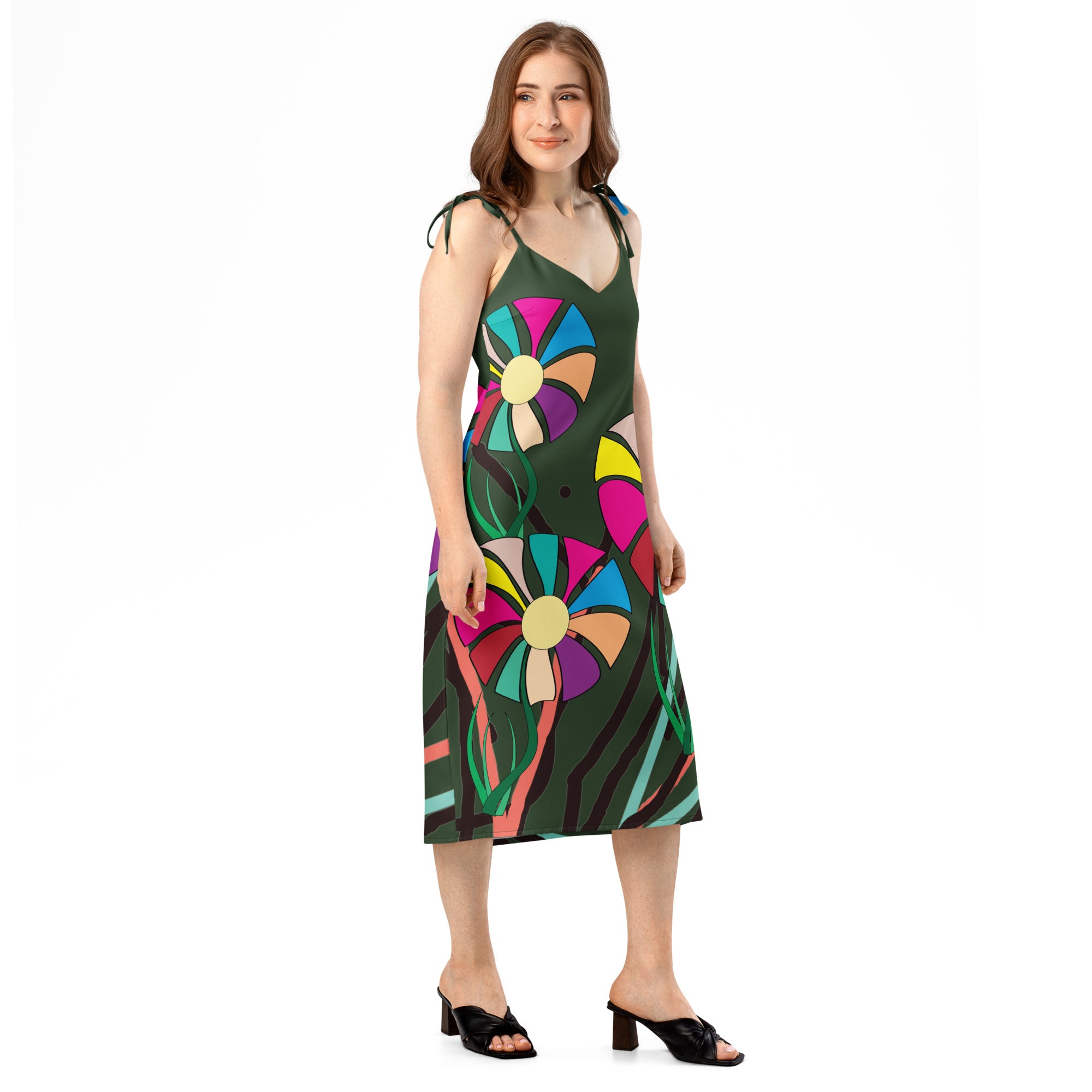 Fitted midi slip dress from APPARELHUE showcasing abstract, bold petal shapes and colourful pop art illustrations.
