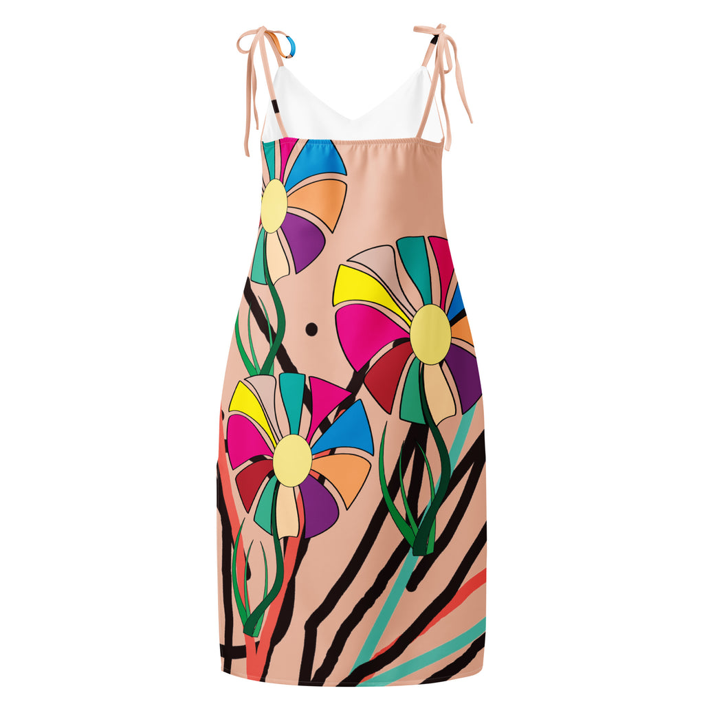 A shot from a slightly elevated angle, giving a full perspective of the dress's design.