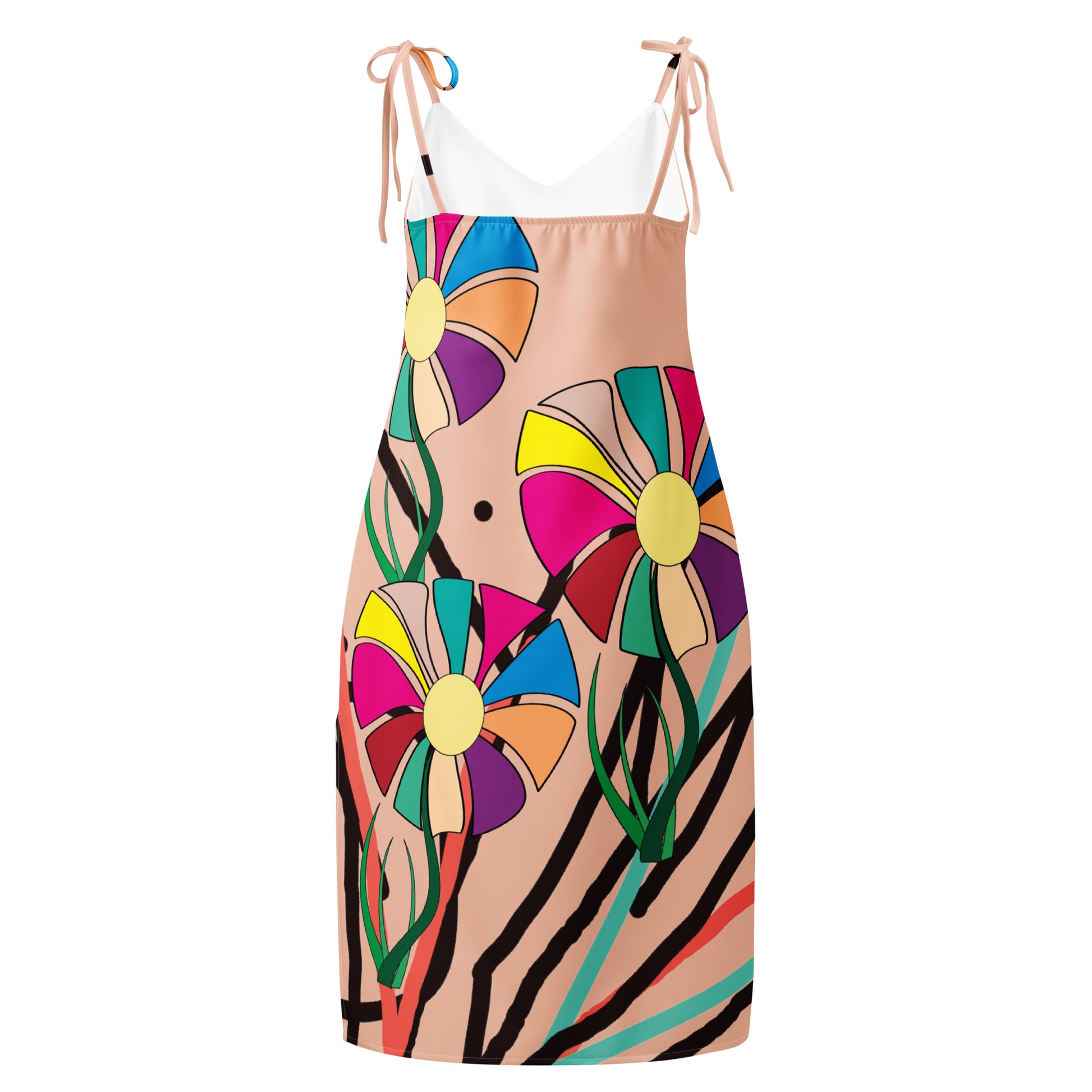 A shot from a slightly elevated angle, giving a full perspective of the dress's design.