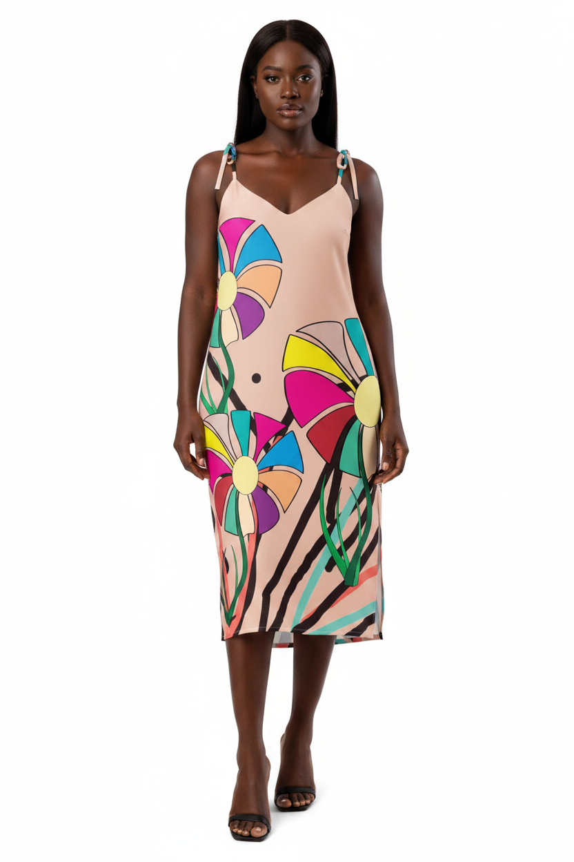 Woman wearing a colorful floral dress on a white background