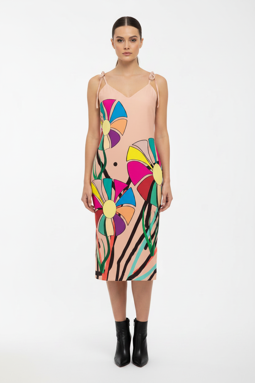 Model wearing a colorful dress with abstract patterns on a white background